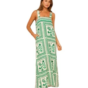 Anthropologie x Mon Renn Green and White Tropical Linen Blend Maxi Dress - Bild 1 von 11
