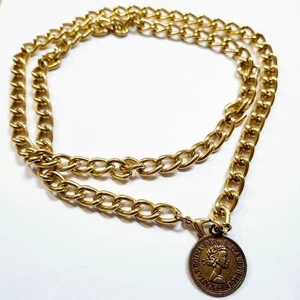 Vintage Elizabeth II Dei Gratia Regina Dangle Coin Gold Tone Chain Link Belt 34" - Picture 1 of 4