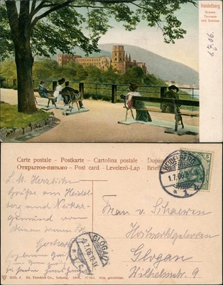 Ansichtskarte Heidelberg  Schloss Grosse Terrasse 1906 GLOGAU (Ankunftsstempel) - Bild 1 von 3
