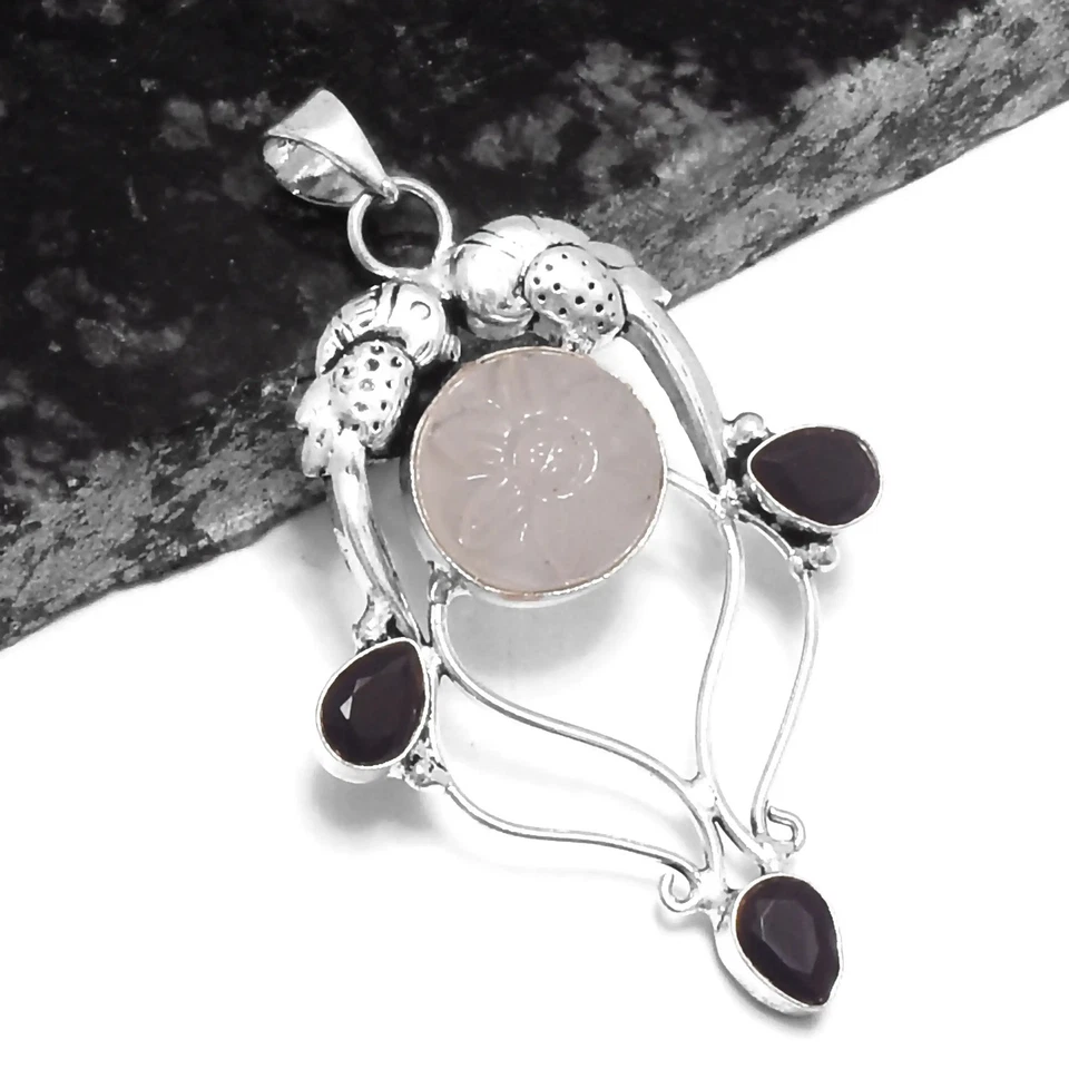 Подарочная бижутерия кулон ручной работы этнический черный оникс резной розовый кварц 2,6 дюйма P-743 - Изображение 1 из 1