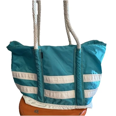Bolso de nailon LL Bean vintage, asas de cuerda para barco y bolso a rayas verdes y blancas Foto 1 de 4