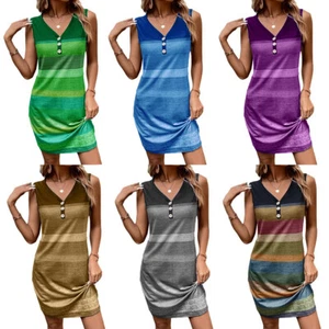 Dame Langes Gestreiftes Kleid Sommerkleid Ärmellos Lässige Knöpfe V- | - Picture 1 of 14