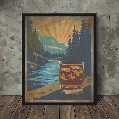 Vintage WHISKEY River Wall Art, Forest Mountain Bourbon Poster, Scotch Sunset - Image 1 of 4
