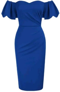 Belle Poque Blue Retro Off Shoulder Ruched Bodycon Cocktail Party Dress Sz M - Picture 1 of 4