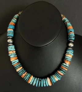 Sterling Silver Graduated Blue Turquoise Spiny Oyster Bead Necklace 18 inch - Picture 1 of 12