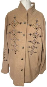 Bob Mackie Wearable Art Fleece Jacket Size Large Camel Brown Embroidered - Picture 1 of 14