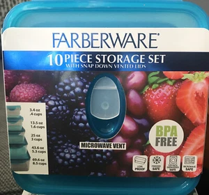 Farberwear 10 pc Storage Set Snap Down Vented Lids BPA Free Plastic Blue New - Picture 1 of 3