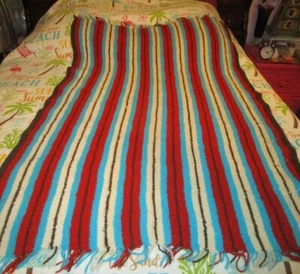 Vtg Hand Crochet Afghan Blanket Lap Couch Throw Southwestern Fringe Aztec 60X38 - Picture 1 of 7