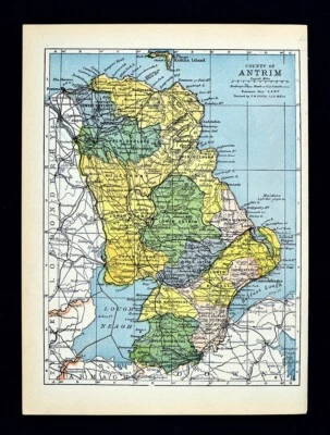 1900 Ireland Map Antrim County Belfast Ballymena Lisburn Larne Giants Causeway - Image 1 of 4
