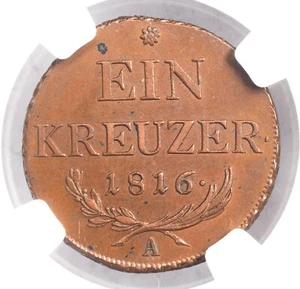 1816, Austria, Emperor Francis I. Beautiful Copper 1 Kreuzer Coin. NGC MS-63 BN! - Picture 1 of 3