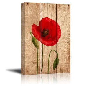 Canvas Prints Wall Art - Red Poppy Flower on Vintage Wood Background - 12" x 18" - Picture 1 of 3
