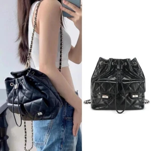 Pequeño Mini Acolchado Cuero Real Cordón Cubo Mochila Cadenas Cartera Moda - Imagen 1 de 17