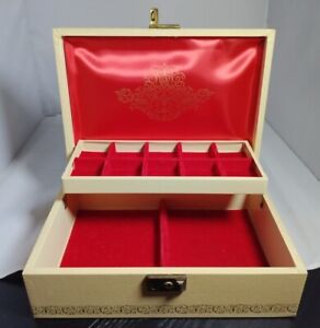 Vintage 50s Jewelry Box 2 Tier Red Satin Interior Gold Accents Mid Century