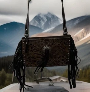 American West Leather Black Fringe Purse Crossbody Pre-owned Cowgirl Tooled - Picture 1 of 16