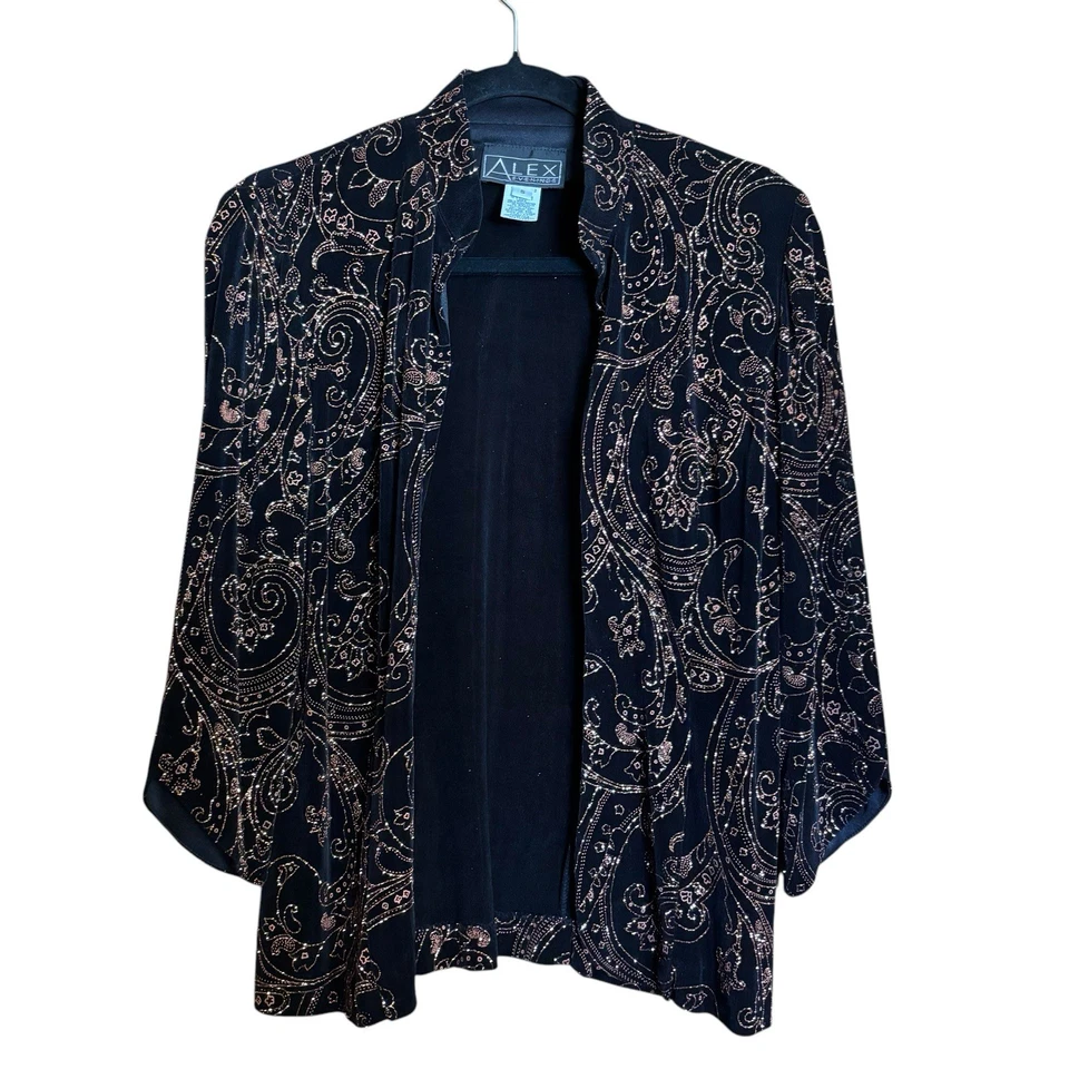 Cárdigan suéter Alex Evenings para mujer pequeño negro dorado adornado brillante Foto 1 de 4