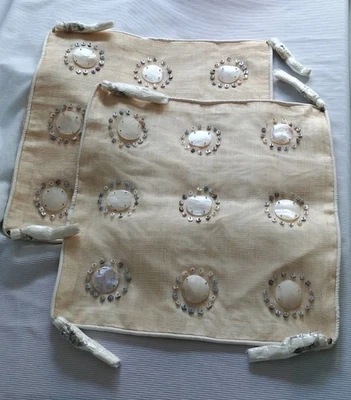 Two Square Pillow Covers Beige 16” x 16” Decorated with Mother Of Pearls NEW - Image 1 of 4