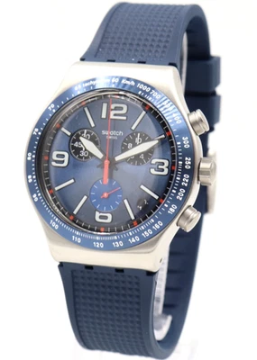 New Swiss Swatch IRONY BLUE GRID Chrono Silicone Date Watch 44mm YVS454 $210 - Image 1 of 4