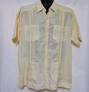Oleg Cassini 100% rish Linen Men's Guayabera Pale Yellow Button Up Shirt Sz L - Picture 1 of 7