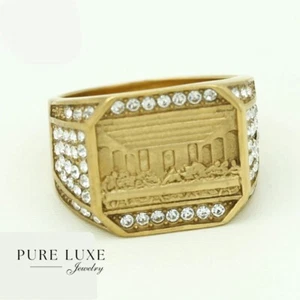 Men's Stainless Steel Last Supper,Cubic Zirconia,Rings 8 9-13 Gold plated Box - Picture 1 of 3