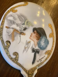 Fabulous Vintage Lady W/bird Hand Mirror Painted Porcelain - Picture 1 of 5