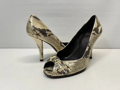 NWOB  Stuart Weitzman Gold Shimmer Snakeskin Print Peep Toe Pump Sandals Sz 37.5 - Image 1 of 4