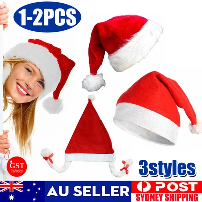 1/2PCS Santa Hat Red & White Xmas Cap Adult Holiday Costume Head Gear Party Gift - image 1 of 4