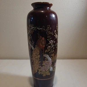 VASO ASAHI JAPAN con pavone e fiori oro marrone rosa 10,5 pollici vintage  - Foto 1 di 6