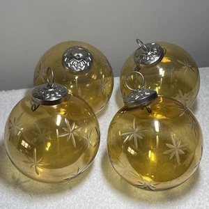 4x Lot Amber Glass Kugel Style Etched Starburst Christmas Ornaments Large 4” - Picture 1 of 10