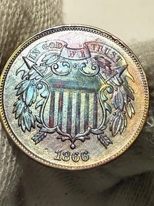 1866 Two Cent Piece, Nice Semi-Better Date BU+ Toned Nice Color WOW - Picture 1 of 2