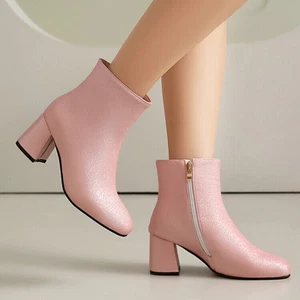 Fall Winter Womens Side Zipper Ankle Boots Mid Chunky Heel Shoes Booties Plus Si - Picture 1 of 27