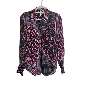 Top túnica Free People Hazel abotonada para mujer talla S negro floral a rayas boho - Imagen 1 de 8