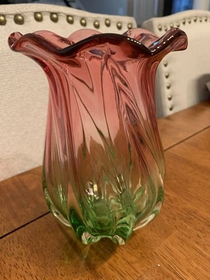 Vase - Murano - Green/Pink - Hand Blown - Image 1 of 4
