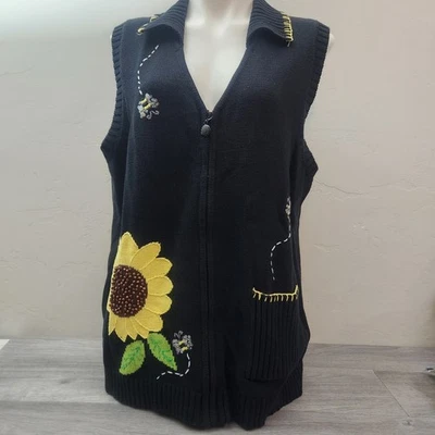 Quaker Factory Black Vest 1X Button Down Sunflower Bee Embroidered Cotton Beaded - Image 1 of 4