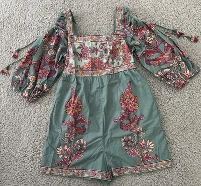 Romper Farm Rio Anthropologie manga folhada gola quadrada tamanho G amarrar costas novo com etiquetas $198 - Imagem 1 de 4
