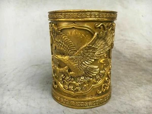 4'' brass copper carved animal eagle hawk brush pot tubular penrack  - Picture 1 of 9