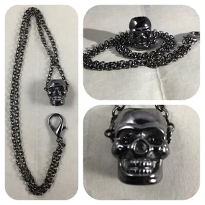 Memento Mori Double Pocket Watch Chain With Two Sided Skull Fob Gunmetal Grey - Picture 1 of 4
