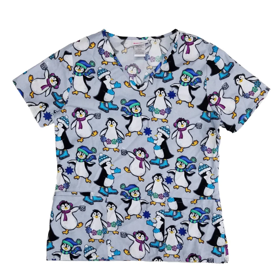 Womens Gray Polar Penguins Winter Holiday Scrub Top - Image 1 of 1