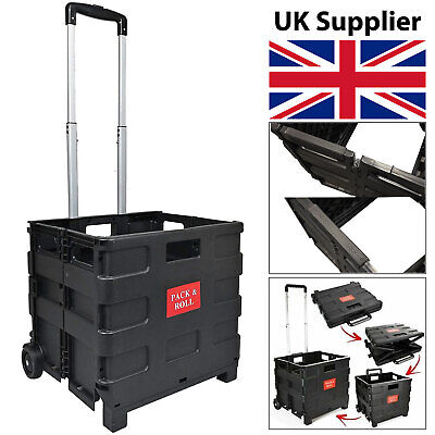 Black Folding Boot Cart Shopping Holiday Trolley Storage Box Crate Foldable 25kg • 17.99£