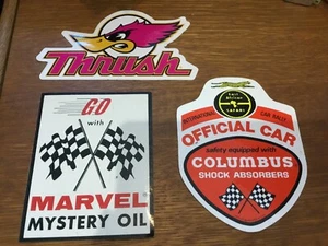 THREE VINTAGE AUTOMOTIVE AD STICKERS THRUSH/MARVEL MYSTERY OIL/COLUMBUS SHOCKS - Picture 1 of 2