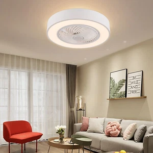 Semi Flush Mount Round Enclosed Ceiling Fan Bedroom Decor Ceiling Fan W/Remote - Picture 1 of 15