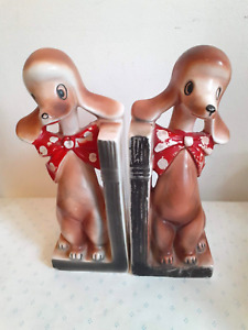 Vintage Relco Japan Flop Ear Dog Red Bowtie Bookends Pair Kitschy MCM Ceramic