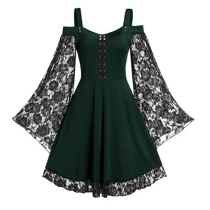 Dress Costume Halloween Womens Steampunk Lace Cold Shoulder Dress Gothic Fancy - Picture 1 of 14