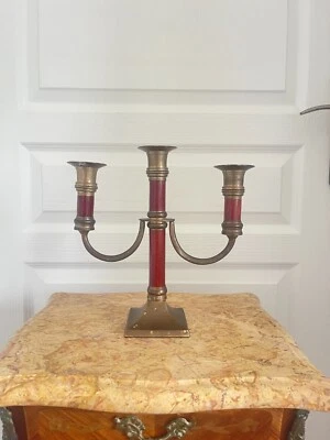 Ancien Candélabre Chandelier Bougeoir Bois Rouge & Laiton Vintage - Photo 1/4