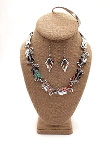 Silver Tone Mixed Jewelry Jet with Leaf Necklace, Rhinestone Bracelet, Earrings - Picture 1 of 21