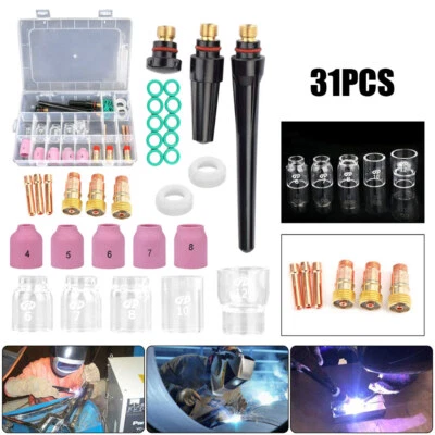 31PCS TIG Welding Torch Kit Stubby Gas Lens Cups For Tig WP-17/18/26 Torch Glass