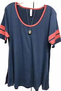 NWT LuLaRoe Medium Solid Blue with Pink Trim Ringer Perfect Tee - Picture 1 of 8