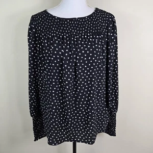 Kate Spade Shirt Womens Medium Black White Heart Print Long Sleeve Smocked Top - Picture 1 of 15