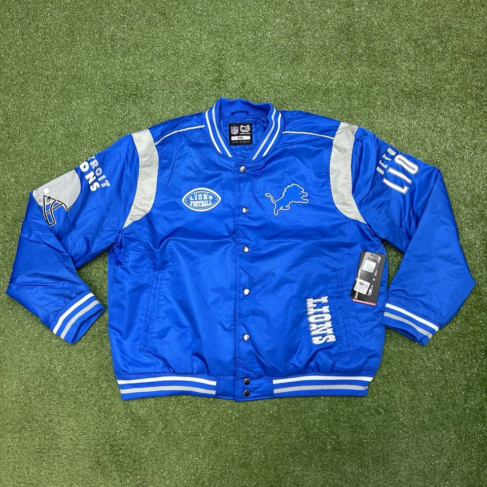 Detroit Lions Full Snap Blue Satin Bomber Varsity Jacket Size XL,XXL NWT - Image 1 of 4