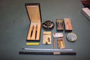 Vintage junk drawer lot tins pen and pencil sets advertising boxes thermometer + - Picture 1 of 17