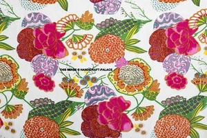 Indian 5 Yard Fabric Cotton Dress Material Sanganeri Floral Print Hand Block - Picture 1 of 3